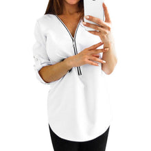 Load image into Gallery viewer, LAAMEI Zipper Short Sleeve Women Shirts Sexy V Neck Solid Women Top Blouses Casual Tee Shirt Tops Female Clothes Plus Sizes
