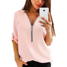 Load image into Gallery viewer, LAAMEI Zipper Short Sleeve Women Shirts Sexy V Neck Solid Women Top Blouses Casual Tee Shirt Tops Female Clothes Plus Sizes
