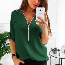Load image into Gallery viewer, LAAMEI Zipper Short Sleeve Women Shirts Sexy V Neck Solid Women Top Blouses Casual Tee Shirt Tops Female Clothes Plus Sizes
