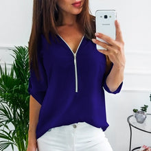 Load image into Gallery viewer, LAAMEI Zipper Short Sleeve Women Shirts Sexy V Neck Solid Women Top Blouses Casual Tee Shirt Tops Female Clothes Plus Sizes
