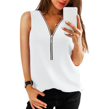 Load image into Gallery viewer, LAAMEI Zipper Short Sleeve Women Shirts Sexy V Neck Solid Women Top Blouses Casual Tee Shirt Tops Female Clothes Plus Sizes
