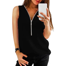 Load image into Gallery viewer, LAAMEI Zipper Short Sleeve Women Shirts Sexy V Neck Solid Women Top Blouses Casual Tee Shirt Tops Female Clothes Plus Sizes
