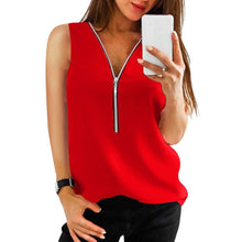 Load image into Gallery viewer, LAAMEI Zipper Short Sleeve Women Shirts Sexy V Neck Solid Women Top Blouses Casual Tee Shirt Tops Female Clothes Plus Sizes
