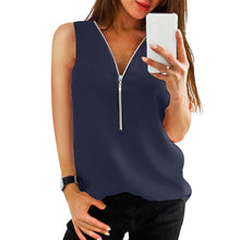 Load image into Gallery viewer, LAAMEI Zipper Short Sleeve Women Shirts Sexy V Neck Solid Women Top Blouses Casual Tee Shirt Tops Female Clothes Plus Sizes
