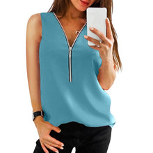 Load image into Gallery viewer, LAAMEI Zipper Short Sleeve Women Shirts Sexy V Neck Solid Women Top Blouses Casual Tee Shirt Tops Female Clothes Plus Sizes
