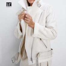 Load image into Gallery viewer, Ly Varey Lin Winter Faux Lamb Leather Jacket Women Faux Leather Lambs Wool Fur Collar Pu Moto Zipper Jacket Warm Thick Outerwear
