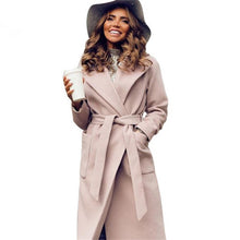 Load image into Gallery viewer, MVGIRLRU elegant Long Women&#39;s coat lapel 2 pockets belted Jackets solid color coats Female Outerwear
