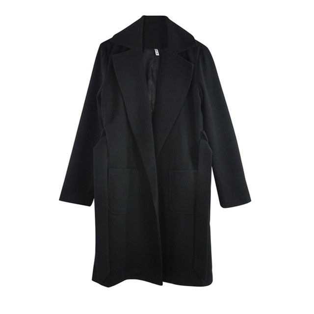 MVGIRLRU elegant Long Women's coat lapel 2 pockets belted Jackets solid color coats Female Outerwear
