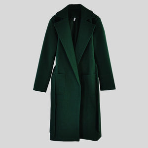 MVGIRLRU elegant Long Women's coat lapel 2 pockets belted Jackets solid color coats Female Outerwear