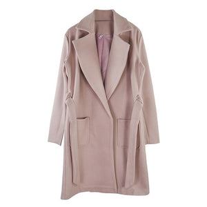 MVGIRLRU elegant Long Women's coat lapel 2 pockets belted Jackets solid color coats Female Outerwear