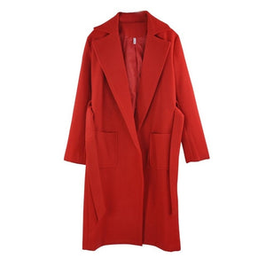 MVGIRLRU elegant Long Women's coat lapel 2 pockets belted Jackets solid color coats Female Outerwear