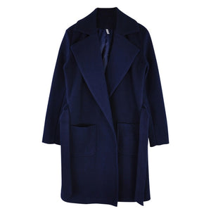 MVGIRLRU elegant Long Women's coat lapel 2 pockets belted Jackets solid color coats Female Outerwear