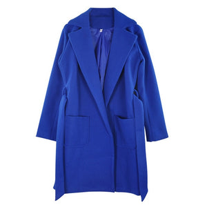 MVGIRLRU elegant Long Women's coat lapel 2 pockets belted Jackets solid color coats Female Outerwear