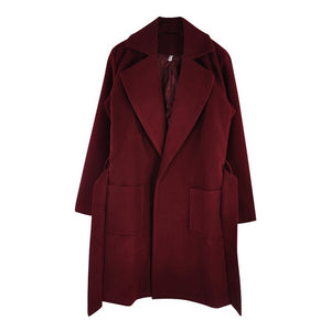 MVGIRLRU elegant Long Women's coat lapel 2 pockets belted Jackets solid color coats Female Outerwear
