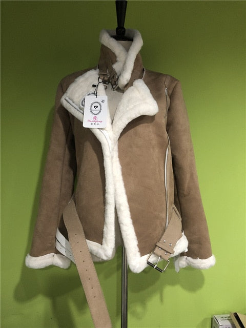 Yuxinfeng Winter Suede Lambs Wool Jacket Female High Streetwear Casual Plus Cashmere Thicken Warm Long Sleeve Fur Suede Coats