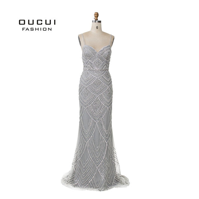 Oucui Dubai Luxury Sleeveless Mermaid Evening Gowns New Sexy Diamond Beading Gray Women Dresses Long Party Prom Dress OL103369