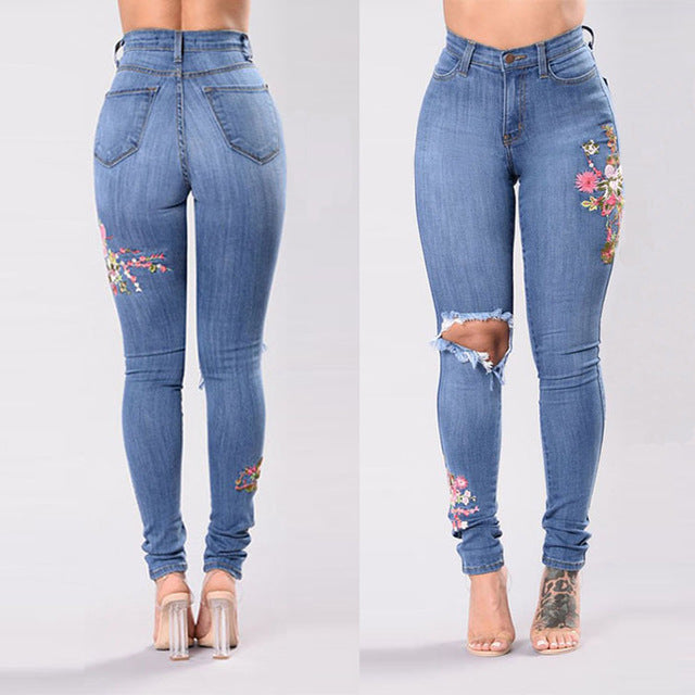 Fashion Jeans Women Embroidered Button Pocket High Waist Denim Pants Skinny Slim Jeans Wholesale Free Ship джинсы женские Z4