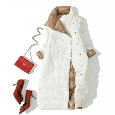 LUZUZI Women Double Sided Down Long Jacket Winter Turtleneck White Duck Down Coat Double Breasted Warm Parkas Snow Outwear