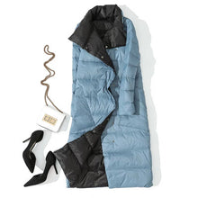 Load image into Gallery viewer, LUZUZI Women Double Sided Down Long Jacket Winter Turtleneck White Duck Down Coat Double Breasted Warm Parkas Snow Outwear
