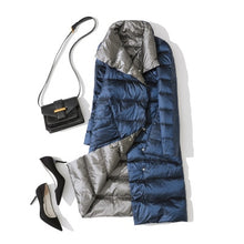 Load image into Gallery viewer, LUZUZI Women Double Sided Down Long Jacket Winter Turtleneck White Duck Down Coat Double Breasted Warm Parkas Snow Outwear
