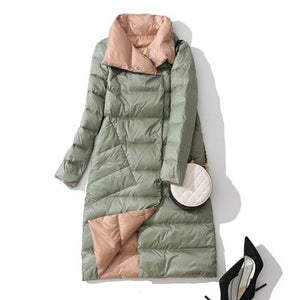 LUZUZI Women Double Sided Down Long Jacket Winter Turtleneck White Duck Down Coat Double Breasted Warm Parkas Snow Outwear