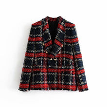 Load image into Gallery viewer, Red Plaid Blazer 2019 Women Spring-Autumn Vintage Tweed Suits Jackets Office Ladies Chic Slim Blazers Girls Tassel Tops Set Coat
