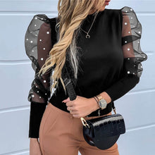 Load image into Gallery viewer, New Women Mesh Sheer Blouse See-through Puff Long Sleeve Blouse Fashion Pearl Transparent White Shirt Female Blusas Autumn Tops
