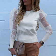 Load image into Gallery viewer, New Women Mesh Sheer Blouse See-through Puff Long Sleeve Blouse Fashion Pearl Transparent White Shirt Female Blusas Autumn Tops
