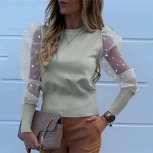 Load image into Gallery viewer, New Women Mesh Sheer Blouse See-through Puff Long Sleeve Blouse Fashion Pearl Transparent White Shirt Female Blusas Autumn Tops
