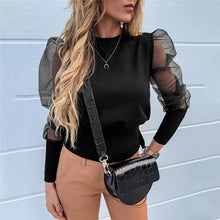 Load image into Gallery viewer, New Women Mesh Sheer Blouse See-through Puff Long Sleeve Blouse Fashion Pearl Transparent White Shirt Female Blusas Autumn Tops
