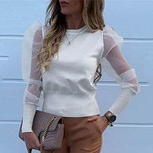 Load image into Gallery viewer, New Women Mesh Sheer Blouse See-through Puff Long Sleeve Blouse Fashion Pearl Transparent White Shirt Female Blusas Autumn Tops
