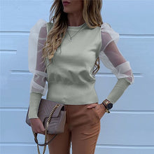 Load image into Gallery viewer, New Women Mesh Sheer Blouse See-through Puff Long Sleeve Blouse Fashion Pearl Transparent White Shirt Female Blusas Autumn Tops
