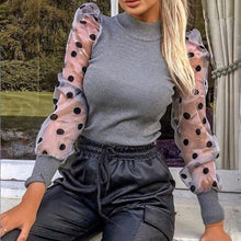 Load image into Gallery viewer, New Women Mesh Sheer Blouse See-through Puff Long Sleeve Blouse Fashion Pearl Transparent White Shirt Female Blusas Autumn Tops
