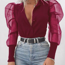 Load image into Gallery viewer, New Women Mesh Sheer Blouse See-through Puff Long Sleeve Blouse Fashion Pearl Transparent White Shirt Female Blusas Autumn Tops
