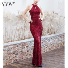Load image into Gallery viewer, New 2019 Women Sequined Party Long Dresses Halter Sleeveless Mermaid Evening Dress Ladies Solid Sexy Robes Elegant Formal Gowns
