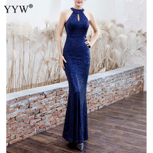 Load image into Gallery viewer, New 2019 Women Sequined Party Long Dresses Halter Sleeveless Mermaid Evening Dress Ladies Solid Sexy Robes Elegant Formal Gowns
