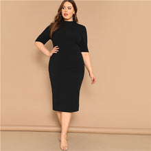 Load image into Gallery viewer, SHEIN Classy Black Plus Size Mock-neck Solid Pencil Slim Dress Women Spring Office Lady Bodycon Basics Plus Size Long Dresses
