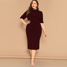 Load image into Gallery viewer, SHEIN Classy Black Plus Size Mock-neck Solid Pencil Slim Dress Women Spring Office Lady Bodycon Basics Plus Size Long Dresses
