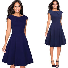 Load image into Gallery viewer, Women Elegant Summer Solid Color Ruched Cap Sleeve Casual Wear To Work Office Party Fitted Skater A-Line Swing Dress EA067
