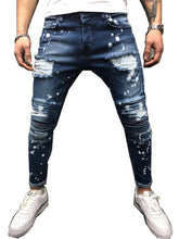 Load image into Gallery viewer, Men&#39;s Painted Skinny Slim Fit Straight Ripped Distressed Pleated Knee Patch Denim Pants Stretch Jeans
