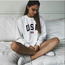 Load image into Gallery viewer, USA Letter print New women fashion Long Sleeve Hoodie Sweatshirt Harajuku Jumper Hooded Pullover Casual Loose White chic Tops
