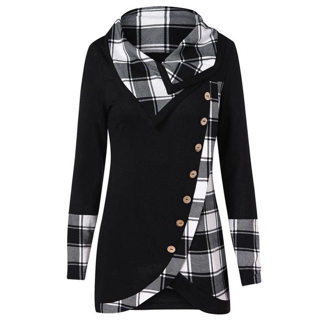 Women Tops Irregular New Spring Autumn Plaid Button Turtleneck Tunic Pullover Tops Fashion Long Sleeve Shirt Tops 2020 fashion