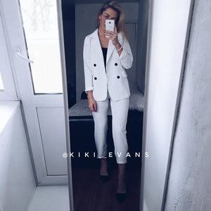 Work Fashion Pant Suits 2 Piece Set for Women Double Breasted Striped Blazer Jacket & Trouser Office Lady Suit Feminino 2019