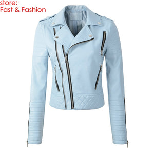 2020 New Fashion Women Spring Autumn Soft Faux Leather Jackets Lady Motorcyle Zippers Biker Blue Coats Black Outerwear Hot Sale