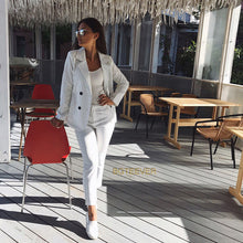 Load image into Gallery viewer, Work Pant Suits OL 2 Piece Sets Double Breasted Striped Blazer Jacket &amp; Zipper Trousers Suit For Women Set Feminino Spring
