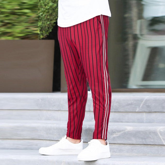 Men Casual Stripe Print Drawstring Elastic Waist Long Cargo Pants Trousers Streetwear Joggers Sweatpants Pantalon Homme