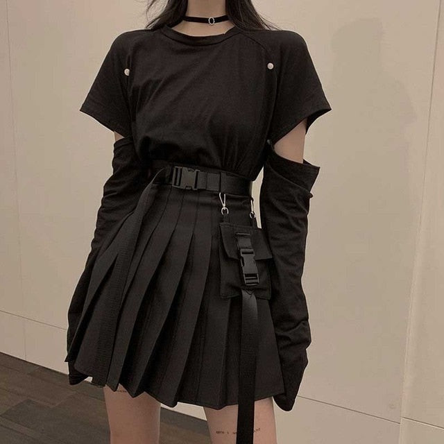 NiceMix black set A-line Women Sexy Mini High Waist Skirt Streetwear Women Punk Style Side Pocket Fashion Design Pleated Skirt