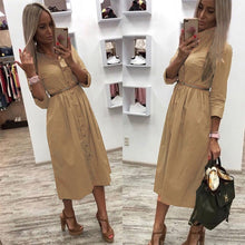 Load image into Gallery viewer, Women Casual Sashes a Line Party Dress Ladies Button Turn Down Collar OL Style Shirt Dress 2019 Summer Solid Knee Dress
