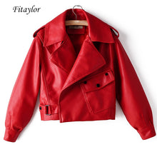 Load image into Gallery viewer, Fitaylor New Autumn Women Faux Leather Jacket Pu Motorcycle Biker Red Coat Turndown Collar Loose Streetwear Black Punk Outerwear
