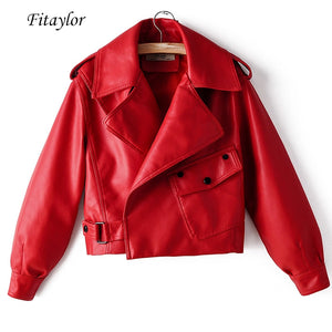 Fitaylor New Autumn Women Faux Leather Jacket Pu Motorcycle Biker Red Coat Turndown Collar Loose Streetwear Black Punk Outerwear